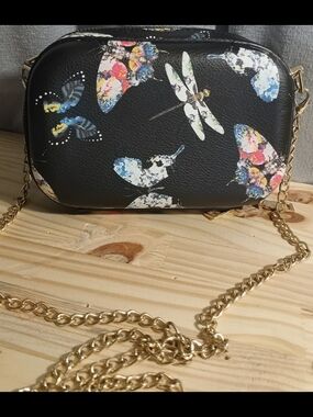 Black Floral & Dragonfly Crossbody Bag with Gold Chain Strap